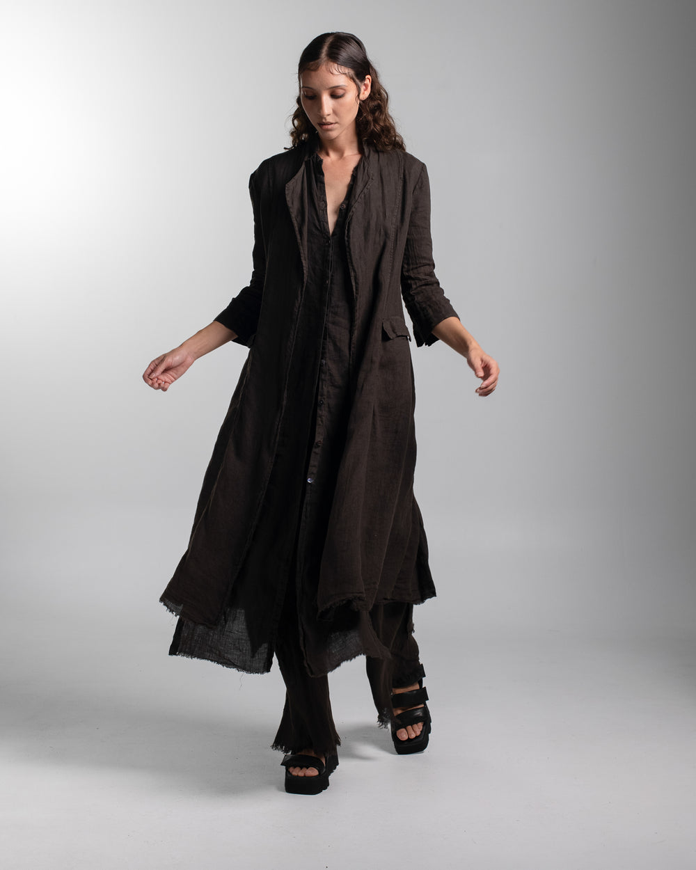 Rosie Coat Cocktail Length Linen Chocolate