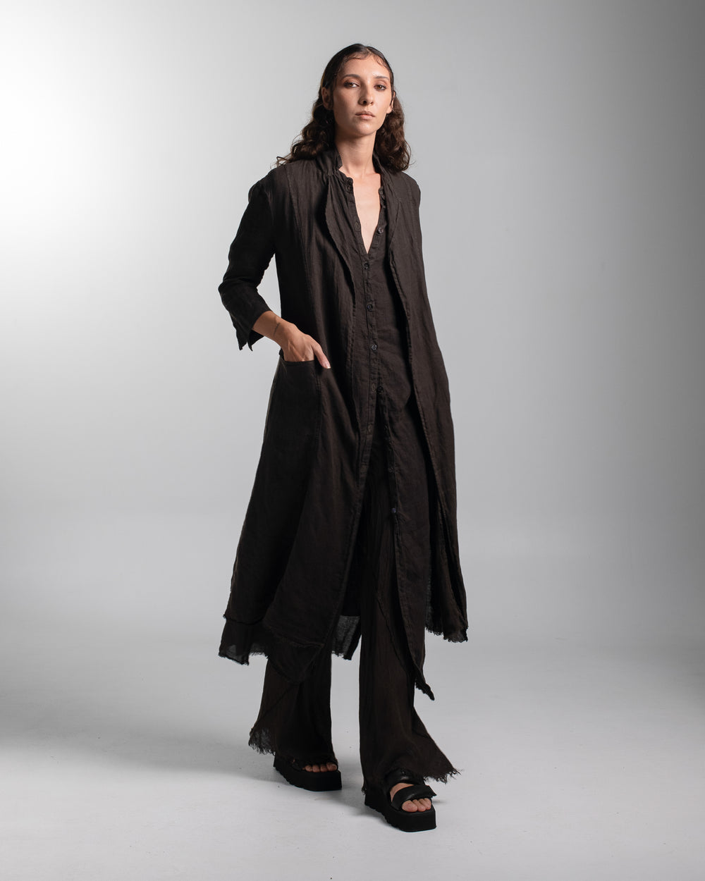 Rosie Coat Cocktail Length Linen Chocolate