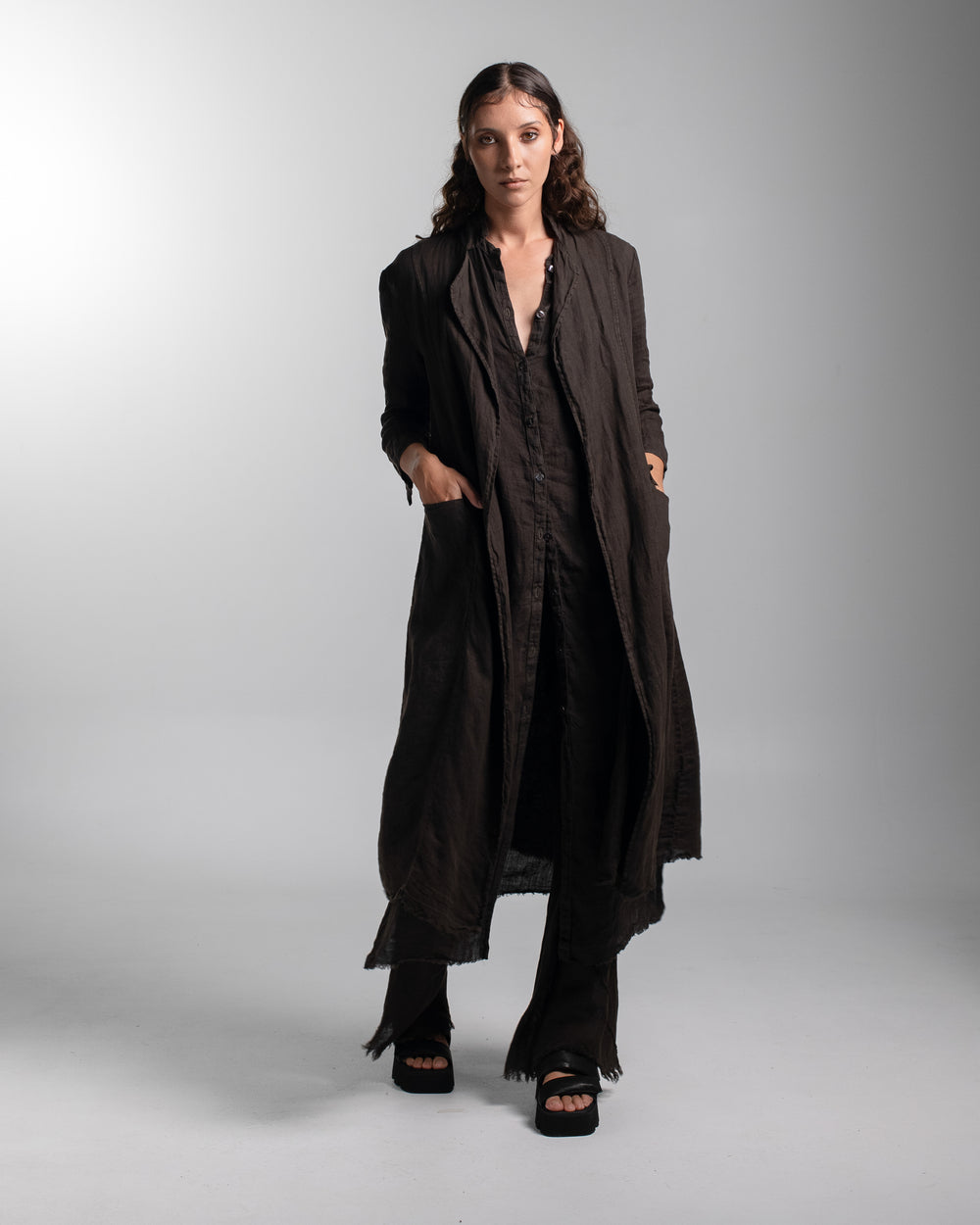 Rosie Coat Cocktail Length Linen Chocolate