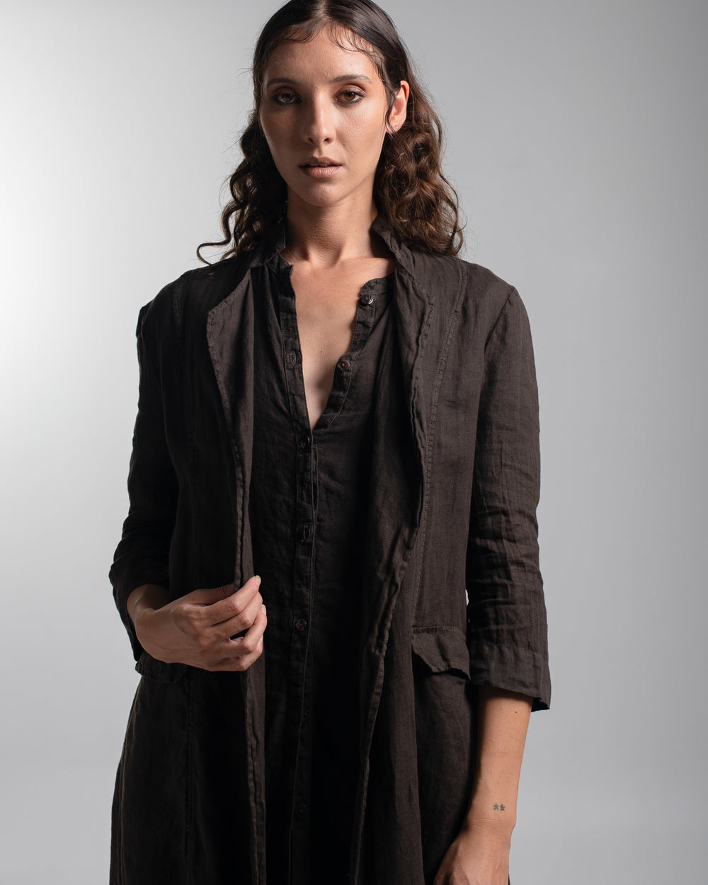 Rosie Coat Cocktail Length Linen Chocolate