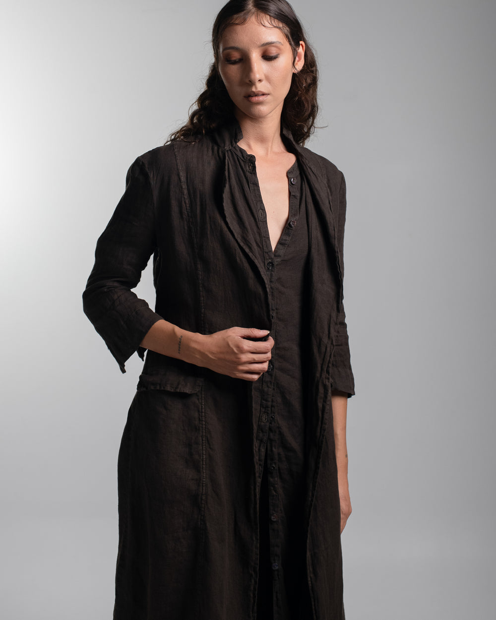 Rosie Coat Cocktail Length Linen Chocolate