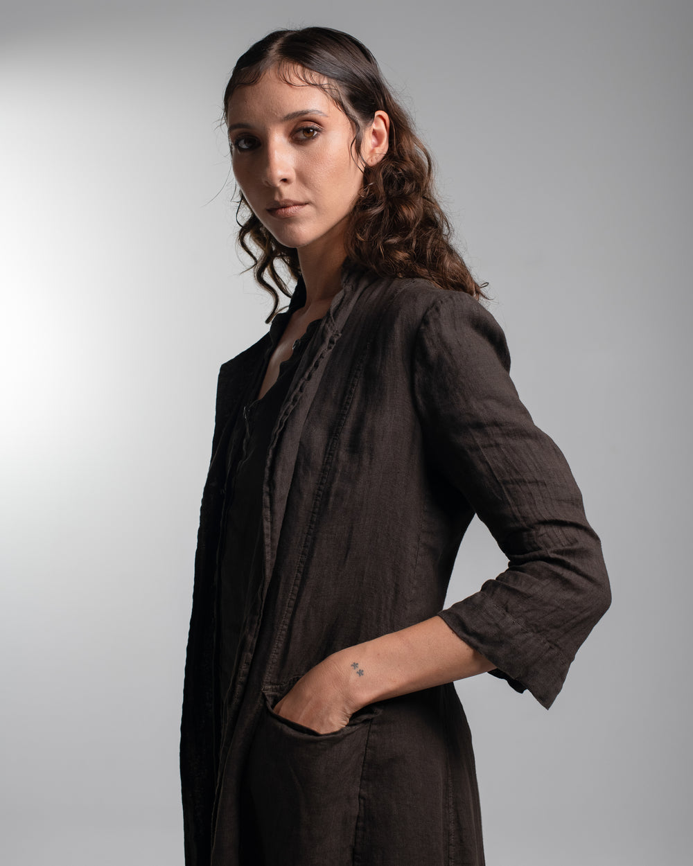 Rosie Coat Cocktail Length Linen Chocolate