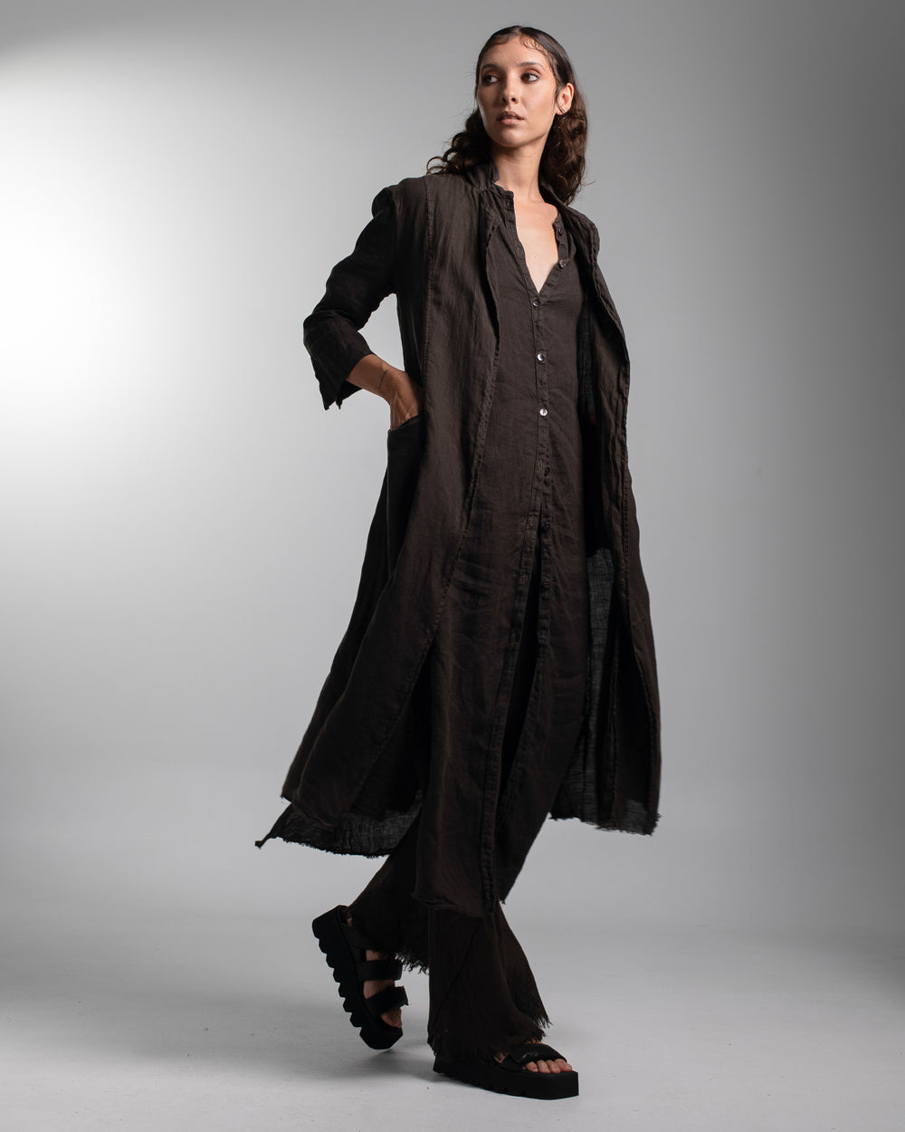 Rosie Coat Cocktail Length Linen Chocolate