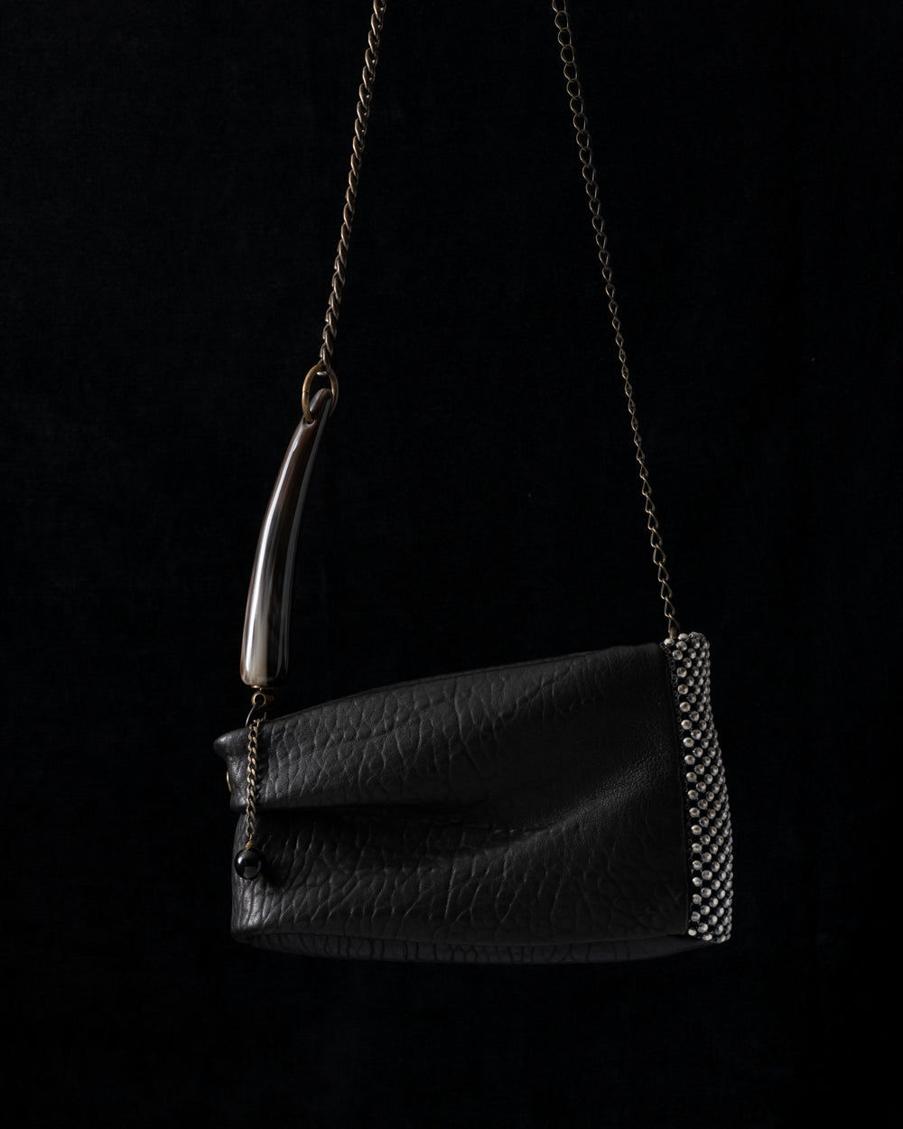 Penelope Leather Pleated Bag w/ Beige + Black Horn