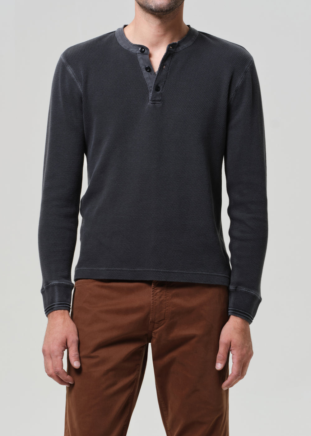 Waffle Three Button Henley in Charred Cedar