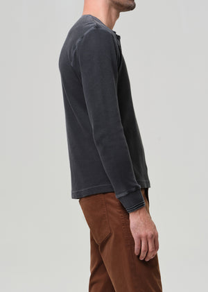 Waffle Three Button Henley in Charred Cedar