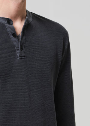Waffle Three Button Henley in Charred Cedar