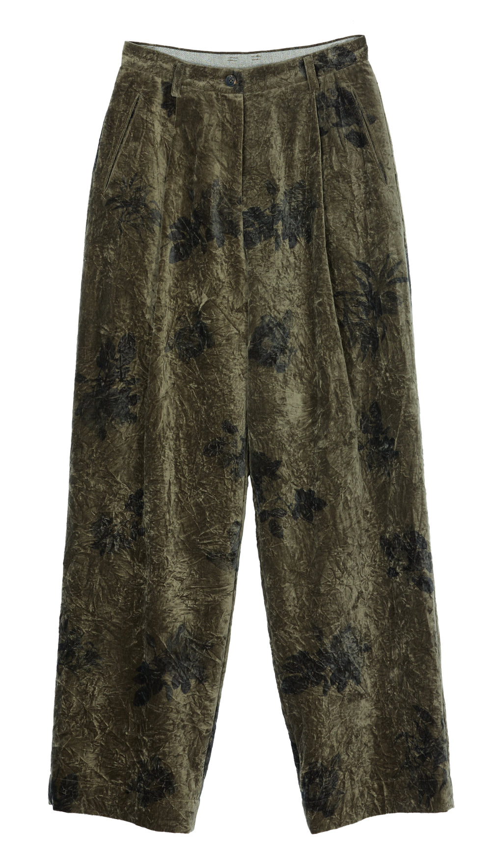 Digital Print Velvet Trousers Olive