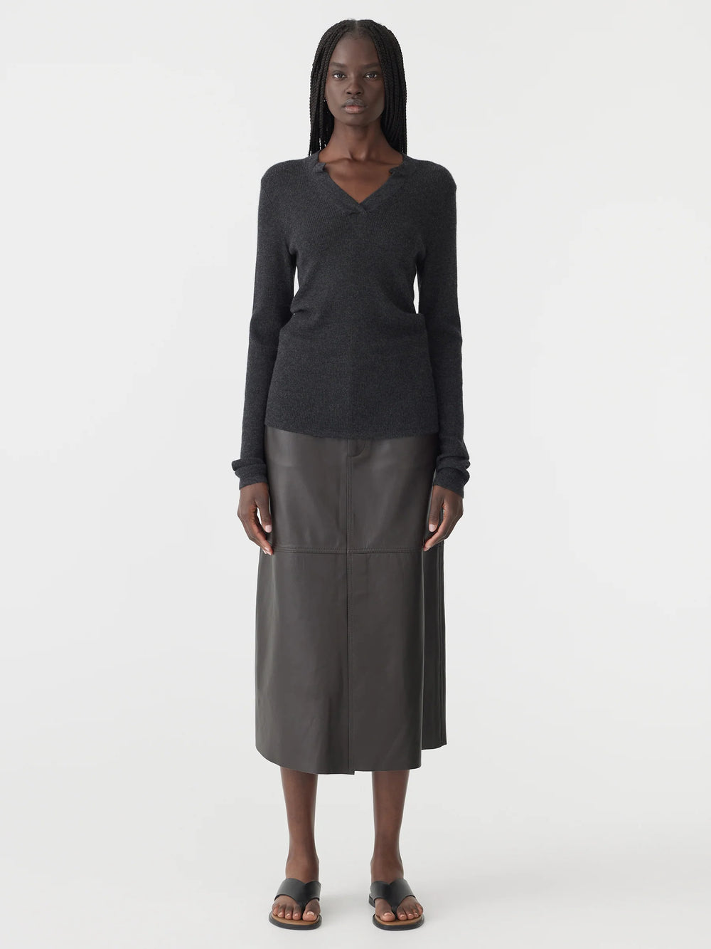 Longerline Leather Skirt Carob