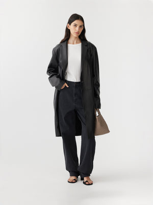 Leather Longer Line Coat Black
