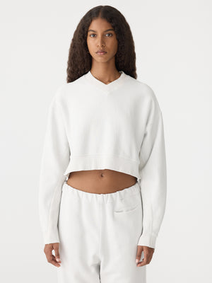Boxy Cropped V Neck Sweat Antique White
