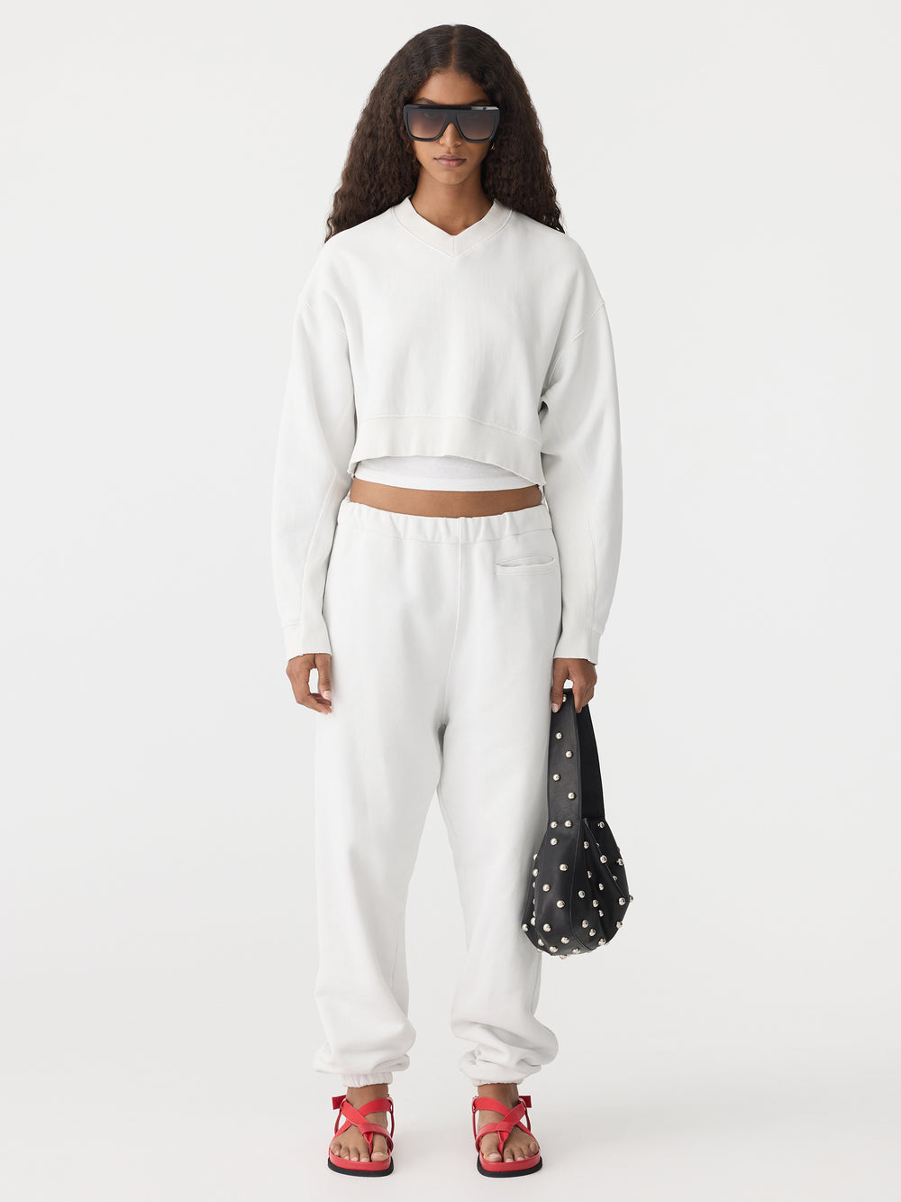 Boxy Cropped V Neck Sweat Antique White