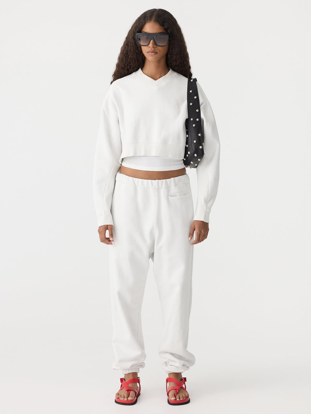 Boxy Cropped V Neck Sweat Antique White