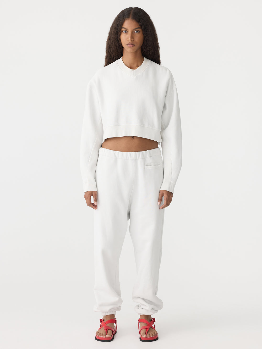 Boxy Cropped V Neck Sweat Antique White