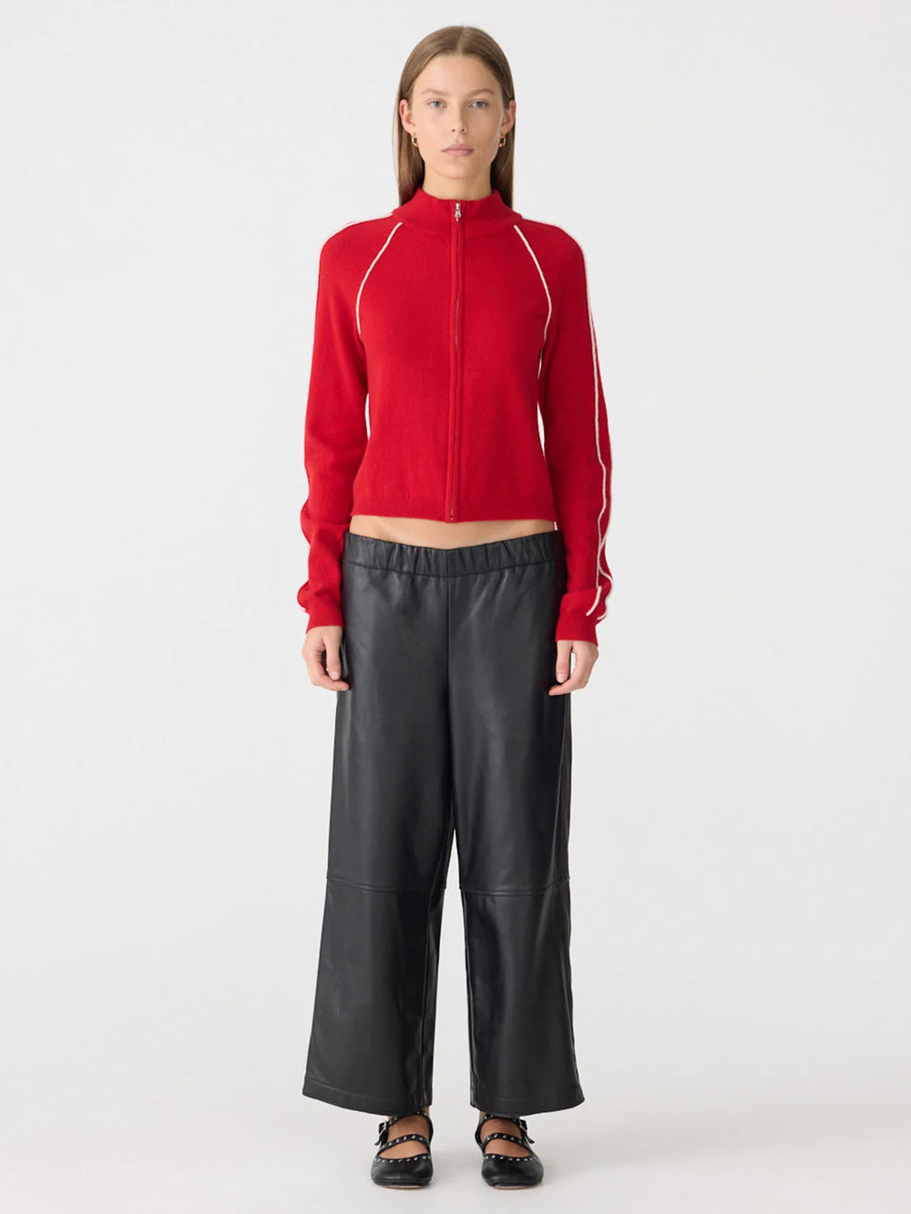 Leather Pull On Wide Leg Pant Black w/ Carob Stripe