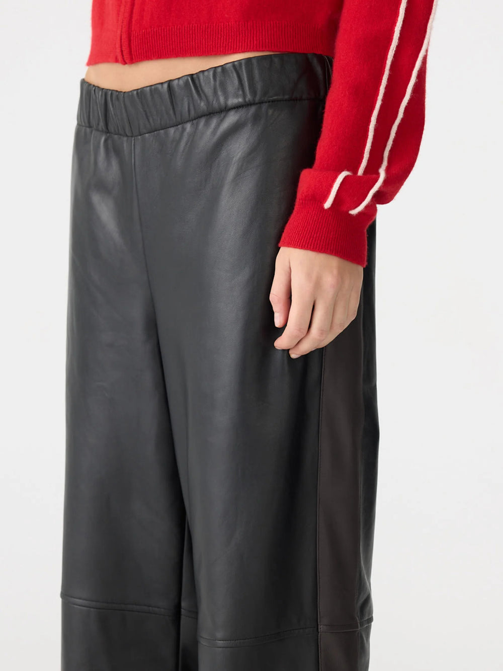 Leather Pull On Wide Leg Pant Black w/ Carob Stripe