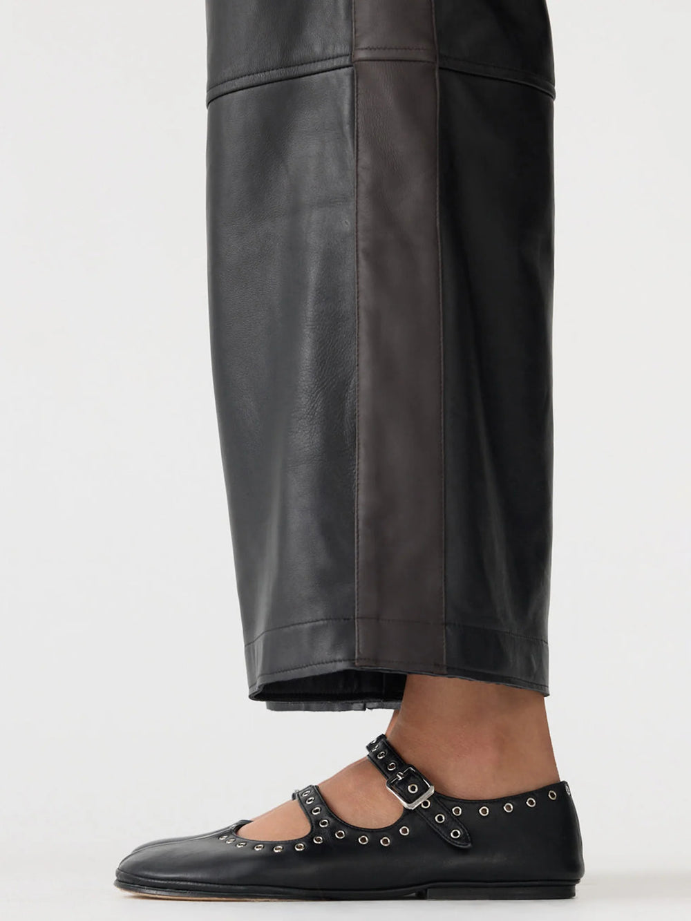 Leather Pull On Wide Leg Pant Black w/ Carob Stripe