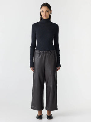 Leather Pull On Wide Leg Pant Carob w/ Black Stripe