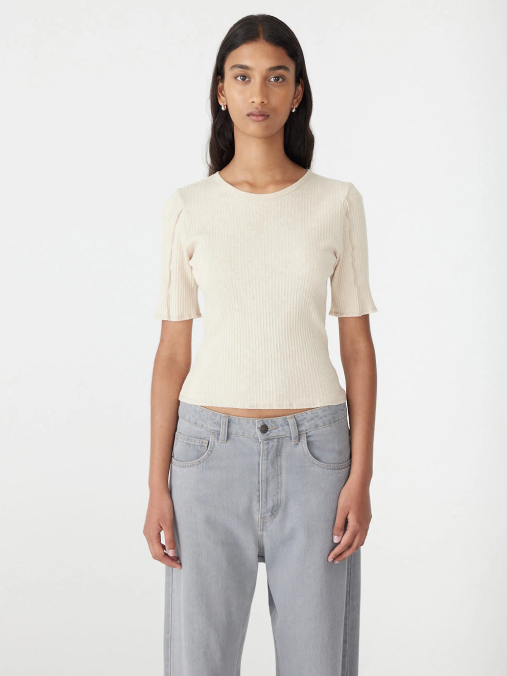 Textured 3/4 Sleeve Rib T-Shirt Natural