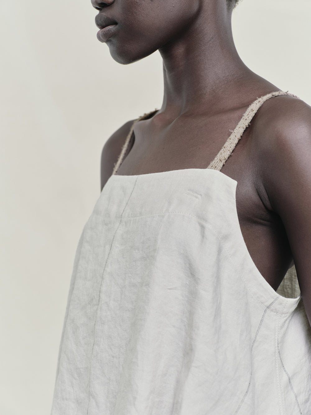 Boat Neck Linen Silk Striped Twill Gathered Top