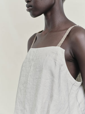 Boat Neck Linen Silk Striped Twill Gathered Top