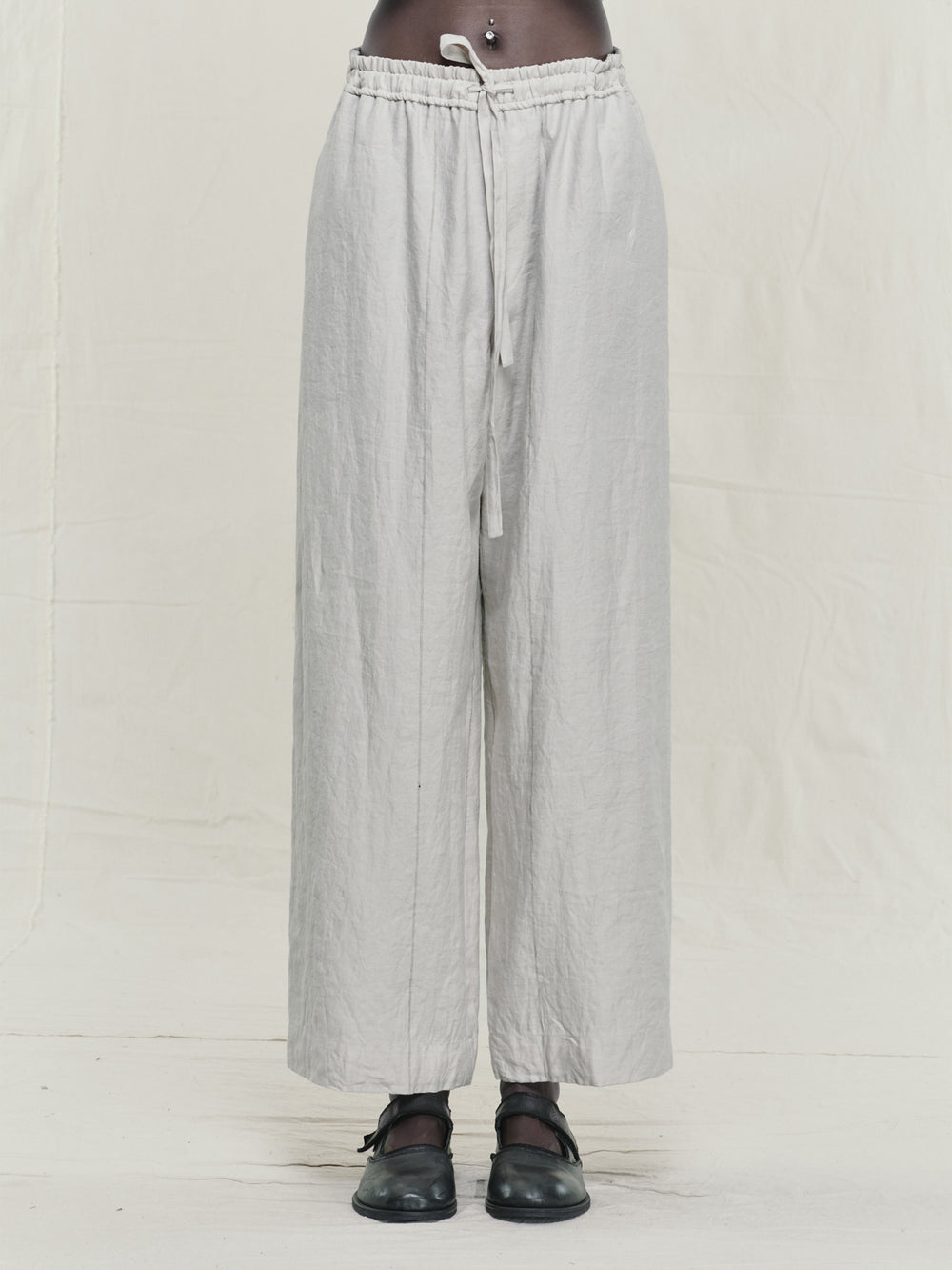 Thin Stripe Linen Silk Twill Drawstring Trousers