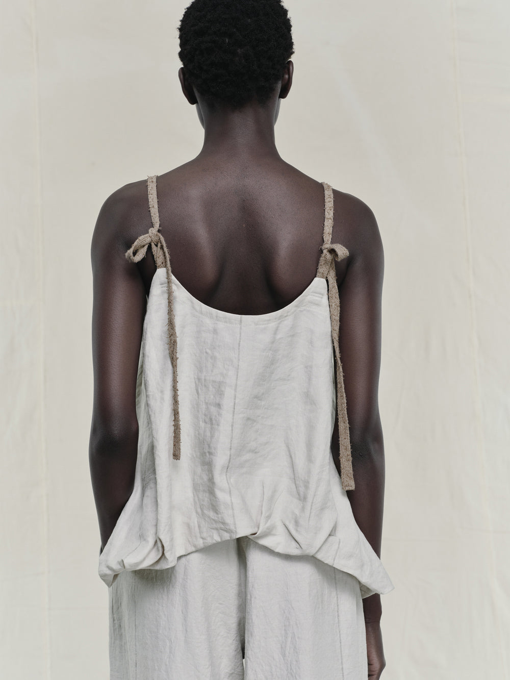 Boat Neck Linen Silk Striped Twill Gathered Top