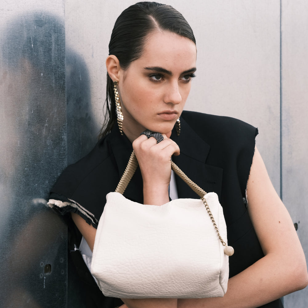 Ivory Pauline Leather Handbag with Gold