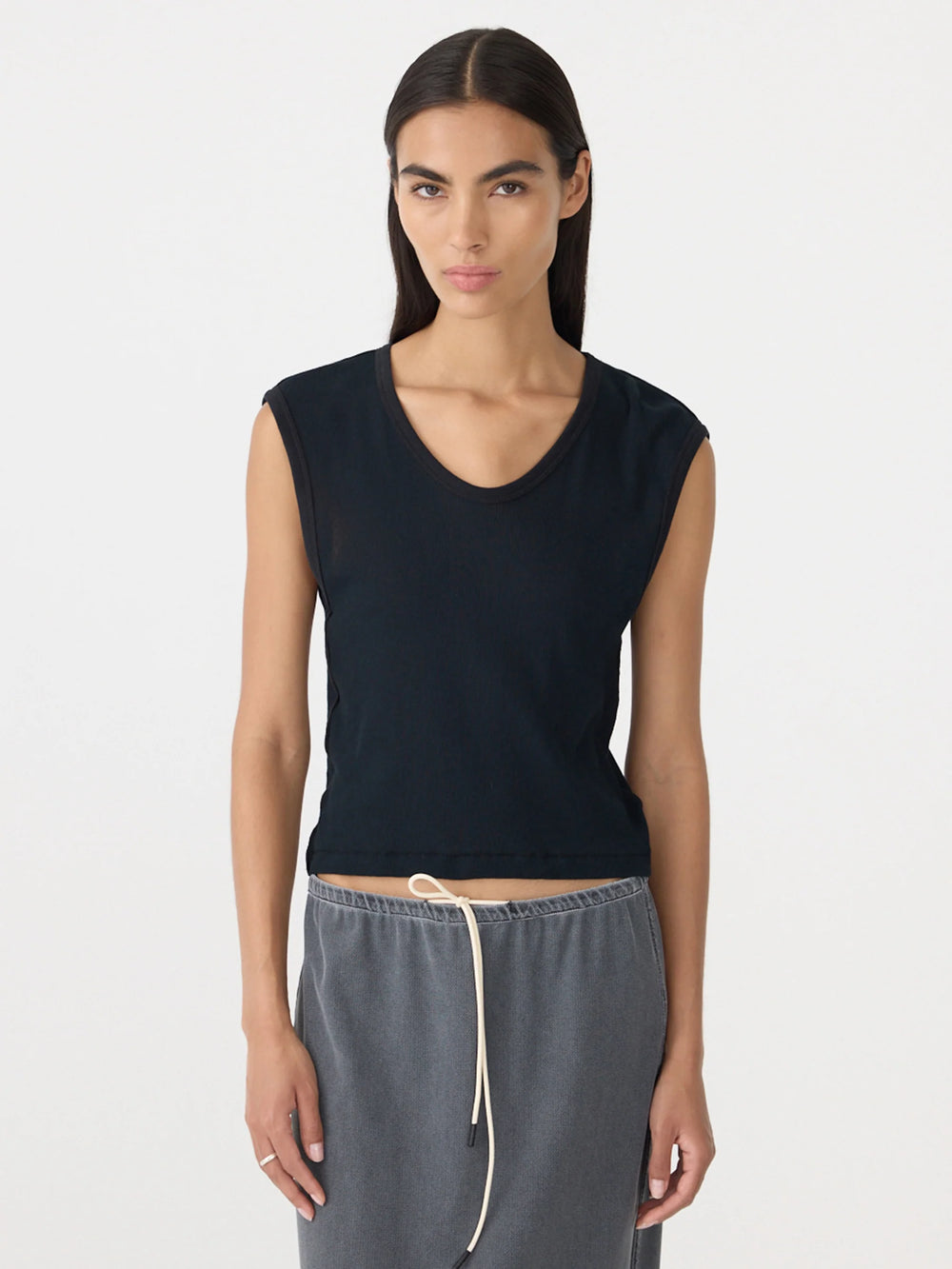 Sheer Rib V Neck Muscle Tank Black