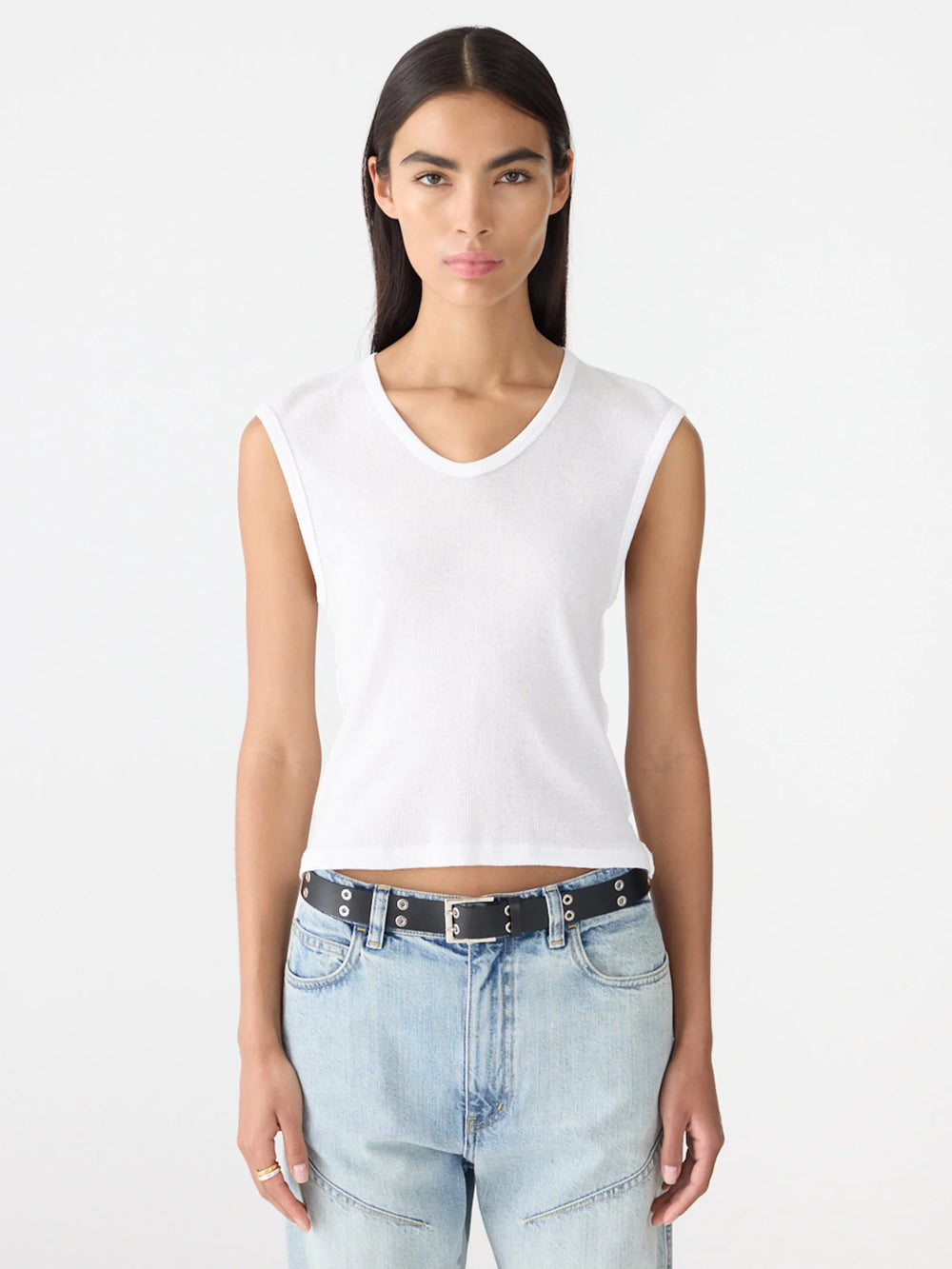 Sheer Rib V Neck Muscle Tank White