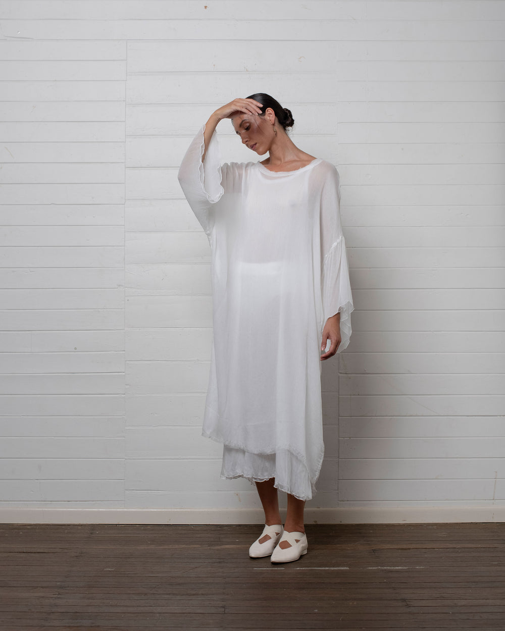 Crinkle Chiffon Tunic with Raw Hems White