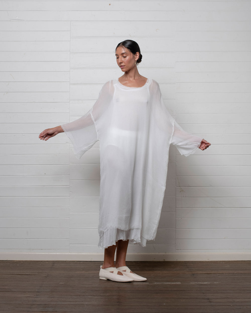 Crinkle Chiffon Tunic with Raw Hems White