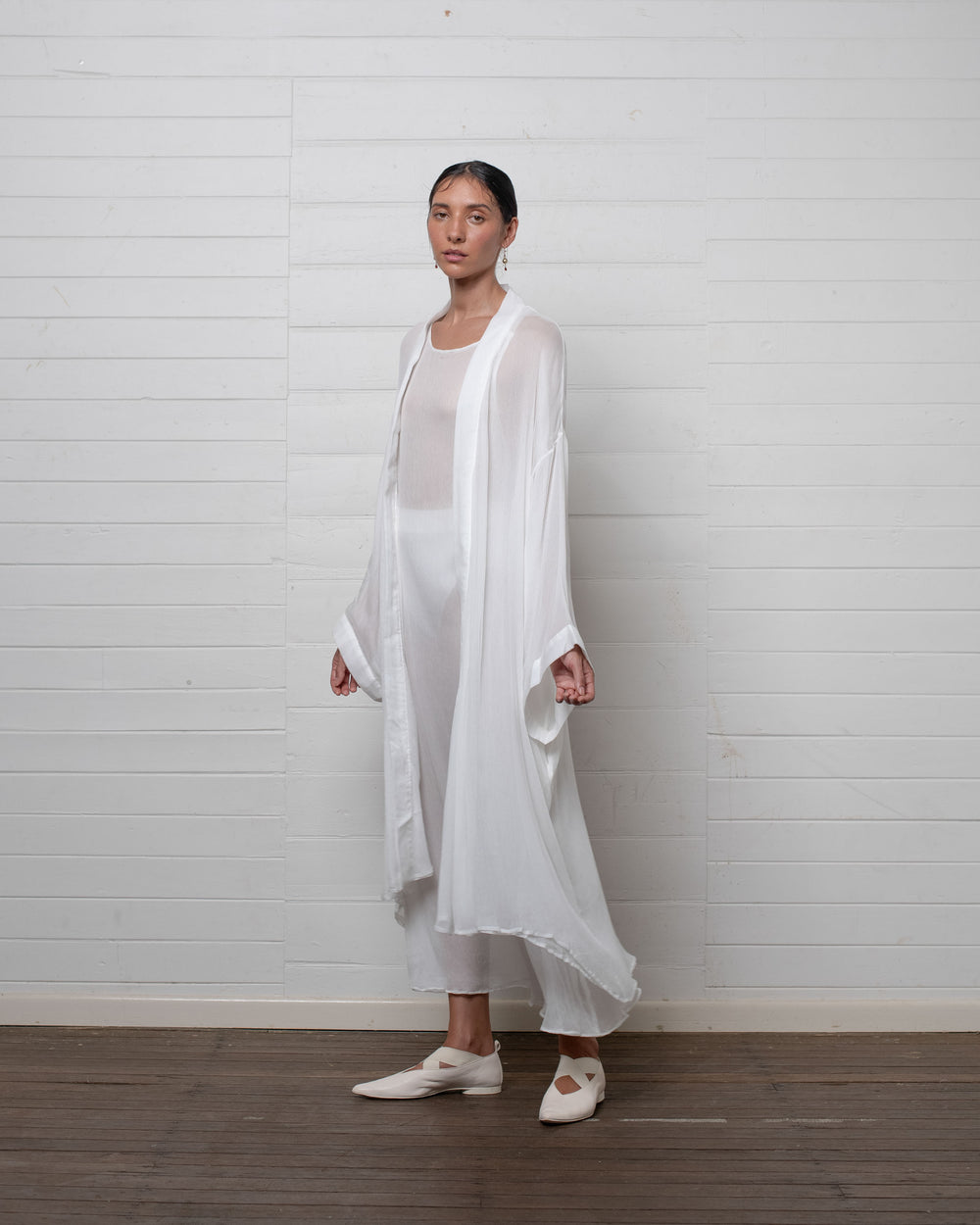 Crinkle Chiffon Silk Robe White