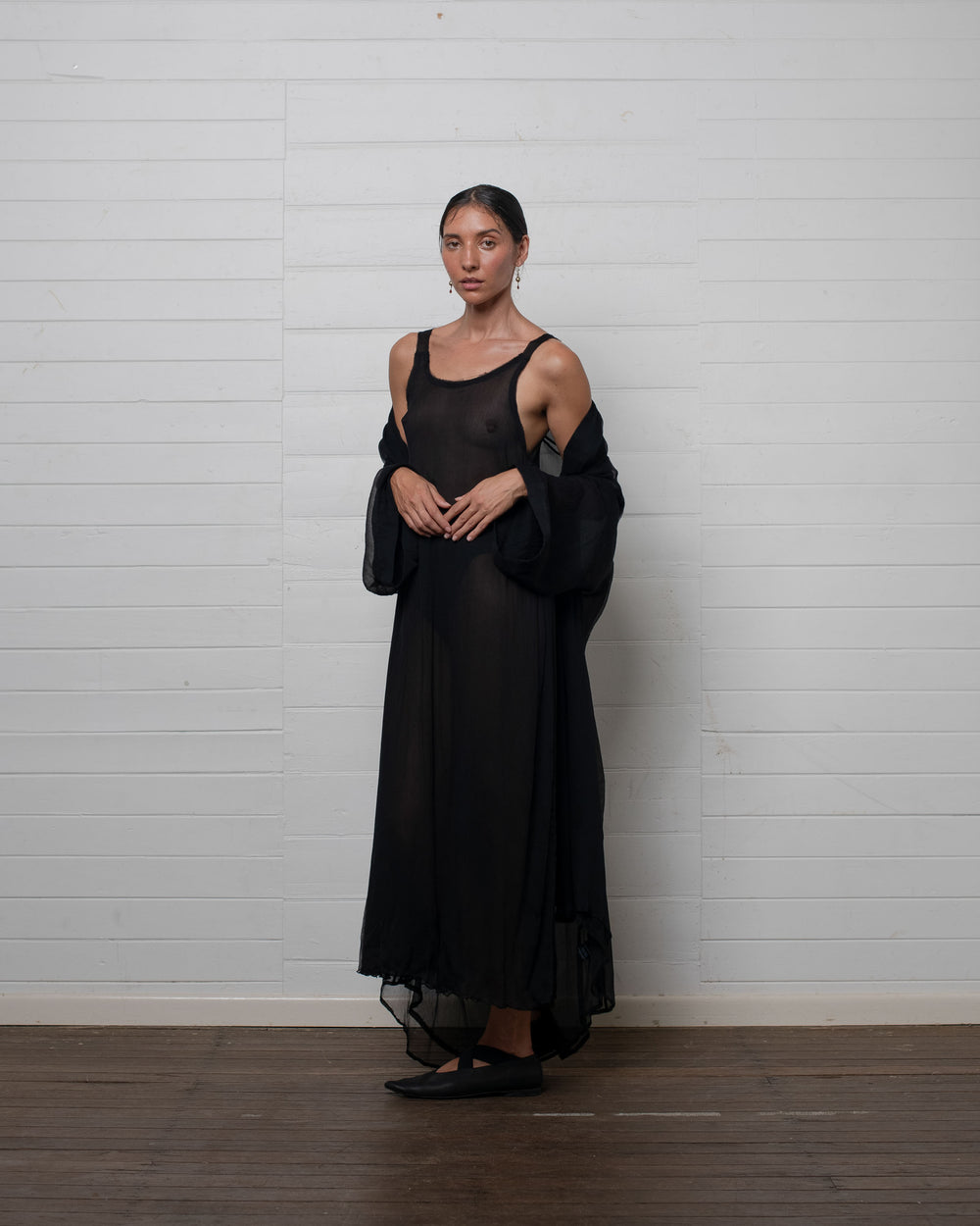 Crinkle Chiffon Silk Robe Black