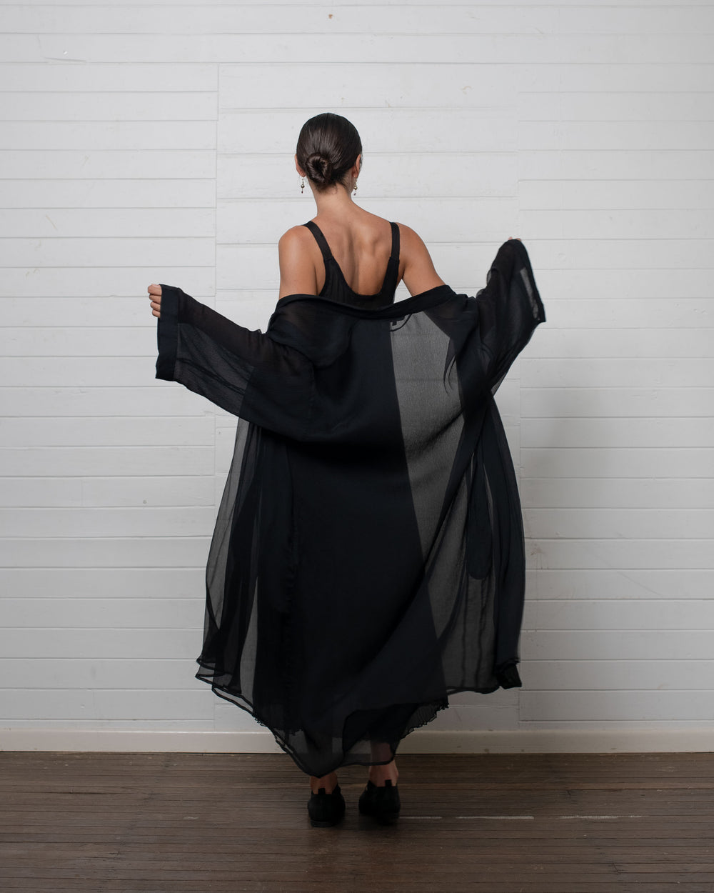 Crinkle Chiffon Silk Robe Black