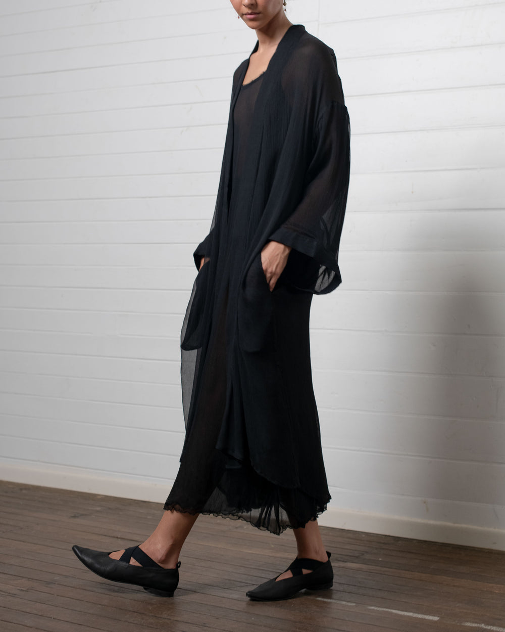 Crinkle Chiffon Silk Robe Black