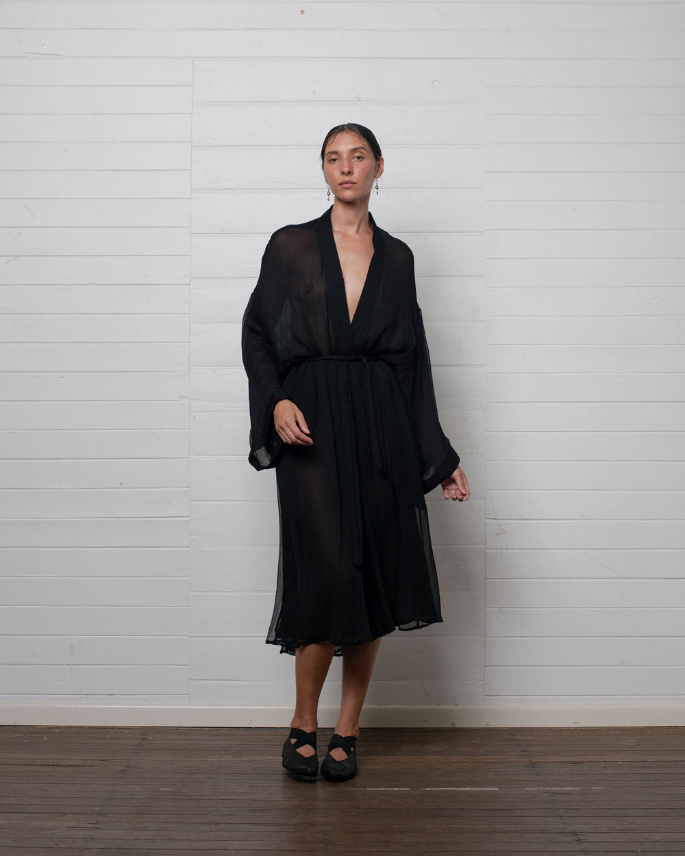 Crinkle Chiffon Silk Robe Black