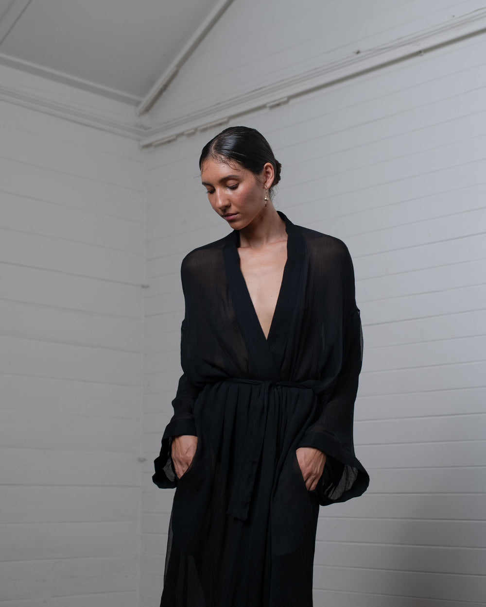 Crinkle Chiffon Silk Robe Black