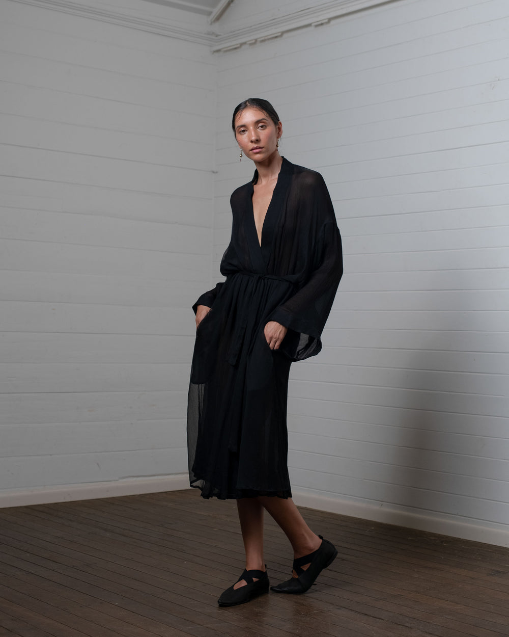Crinkle Chiffon Silk Robe Black