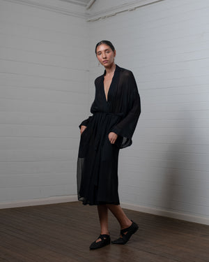 Crinkle Chiffon Silk Robe Black