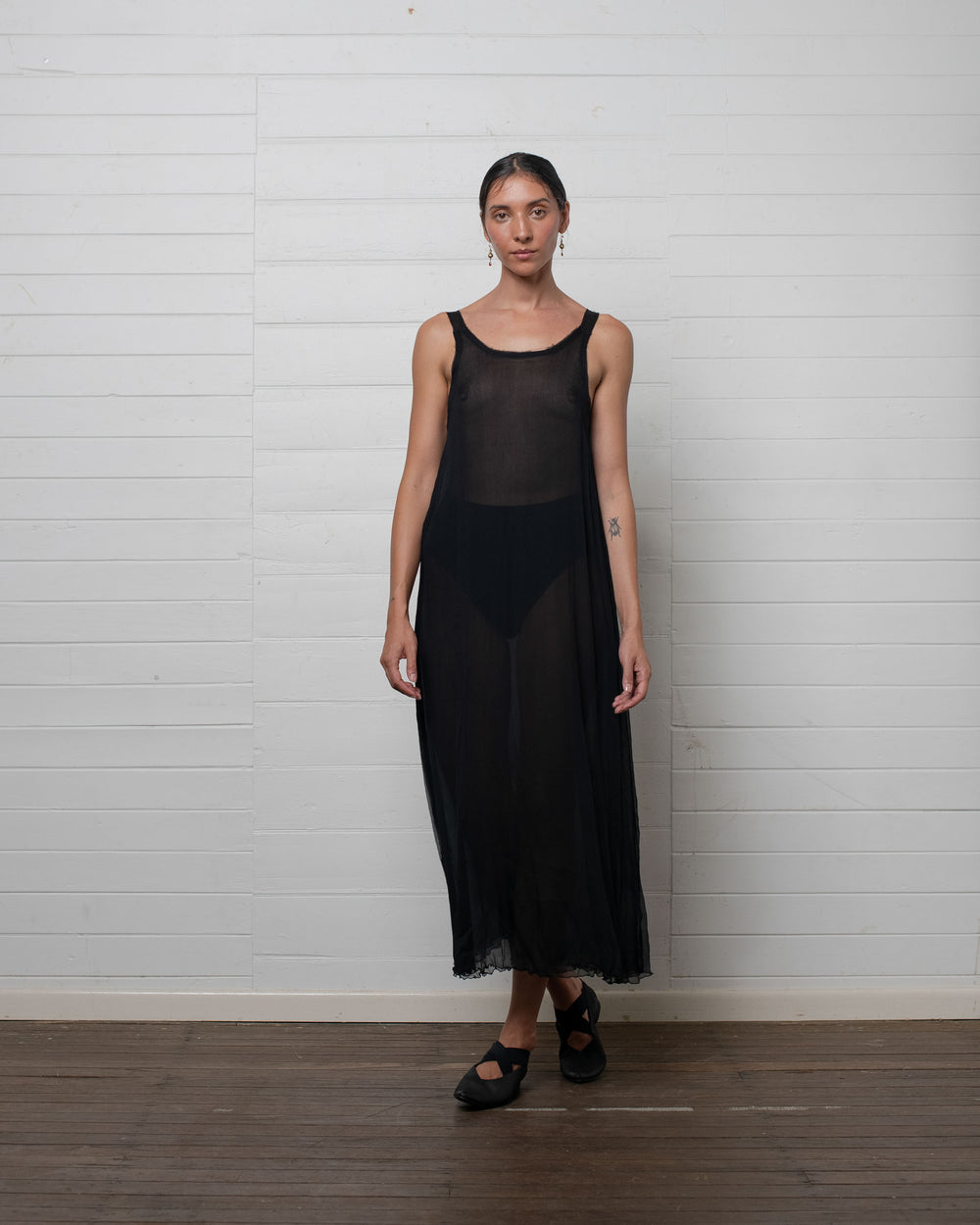 Crinkle Chiffon Silk Tank Dress Black