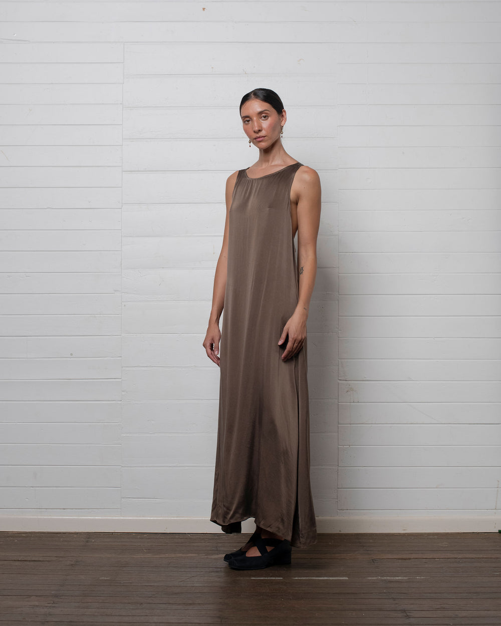 Stonewashed Stretch Satin Knot Dress Hazelnut