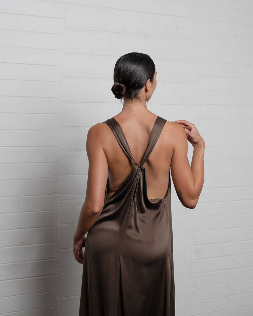 Stonewashed Stretch Satin Knot Dress Hazelnut