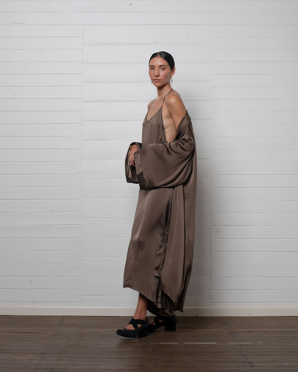 Stonewashed Stretch Satin Robe Hazelnut