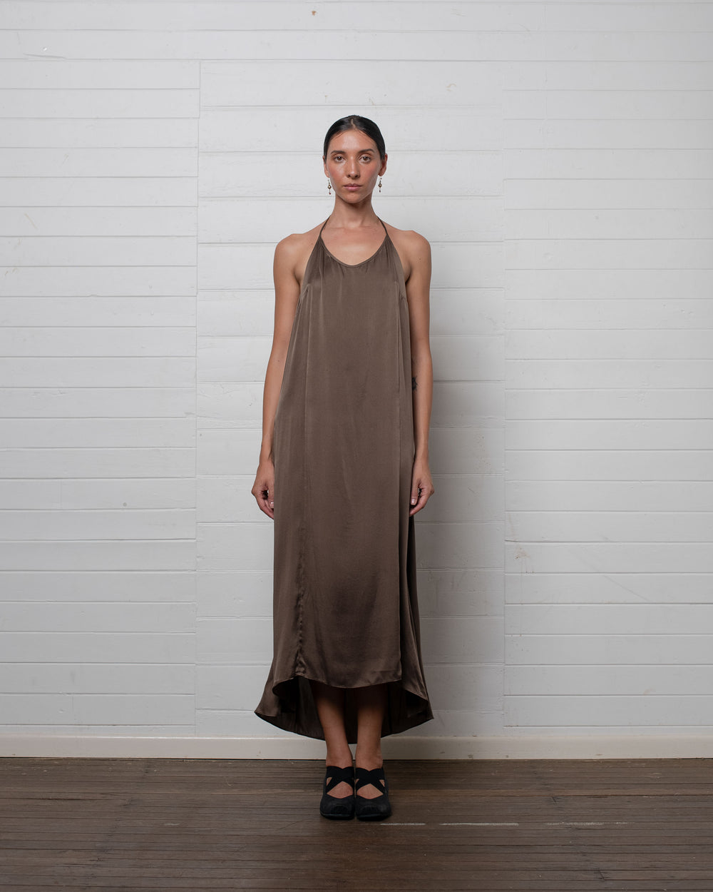 Stonewashed Stretch Satin Halter Dress Hazelnut