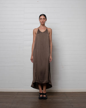 Stonewashed Stretch Satin Halter Dress Hazelnut