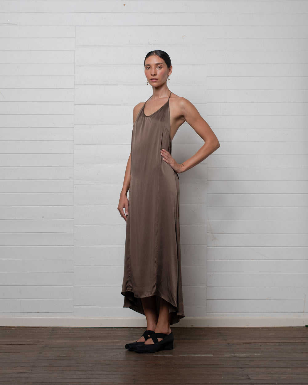 Stonewashed Stretch Satin Halter Dress Hazelnut