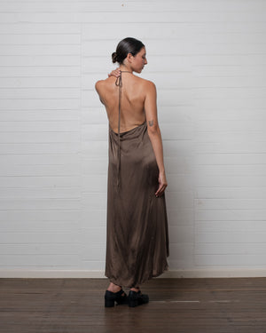 Stonewashed Stretch Satin Halter Dress Hazelnut