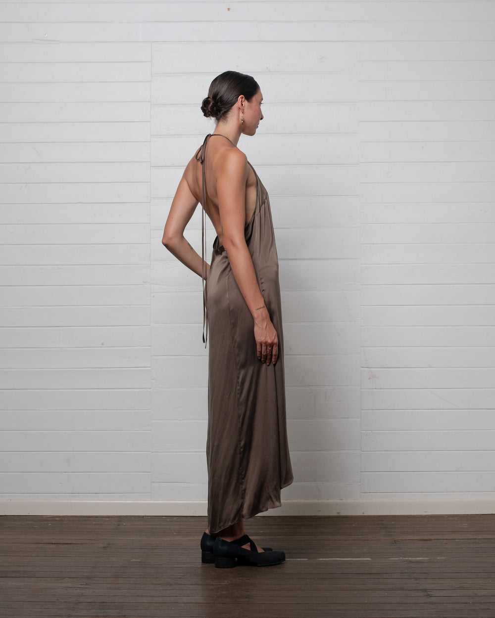 Stonewashed Stretch Satin Halter Dress Hazelnut