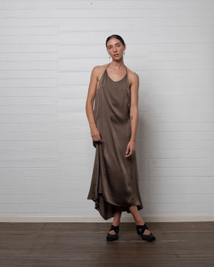 Stonewashed Stretch Satin Halter Dress Hazelnut